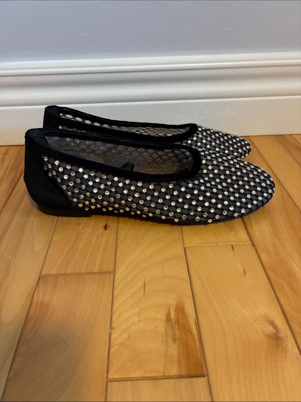 ZARA Black Mesh Flats with Silver Crystal Studs
